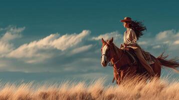 Rider on horseback enjoying the open fields under a dramatic sky at sunset photo