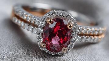Elegant ruby engagement ring adorned with diamonds sparkling under soft light photo