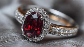 Elegant ruby ring with intricate diamond detailing sits on a soft surface, showcasing exquisite craftsmanship and design photo
