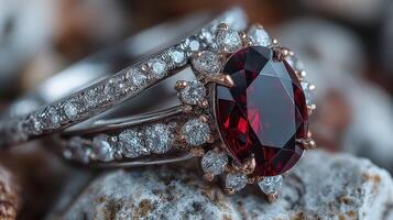 Stunning ruby and diamond ring showcasing exquisite craftsmanship and vibrant colors on a natural stone background photo