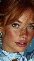 Captivating close-up of a model with blue eyes and freckles showcasing elegant earrings against a blue background photo