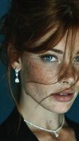 Stunning close-up portrait of a young woman with striking blue eyes and freckles, showcasing elegant jewelry against a dark background photo