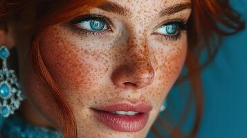 Close-up of a woman with red hair and freckles against a blue background, showcasing elegance and beauty photo