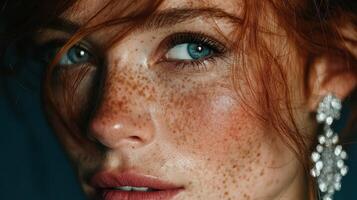 Close-up of a woman with blue eyes and freckles, adorned with elegant earrings, illuminated softly in natural light photo
