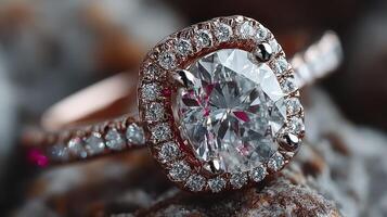 Stunning close-up of a sparkling diamond ring set on a textured stone surface during daylight hours photo