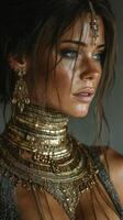 Woman adorned in intricate jewelry poses elegantly against a muted background in soft natural light photo