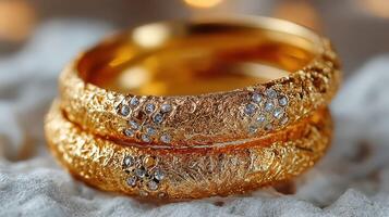 Elegant gold rings with diamond accents resting on textured surface in soft light photo