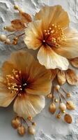 Elegant golden flowers with intricate details against a textured backdrop create a stunning display of artistry and nature's beauty photo