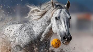 Horse galloping swiftly on sandy terrain with orange ball during clear day photo