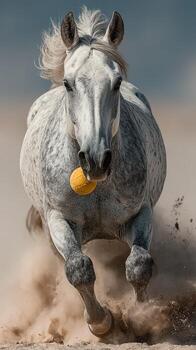 gris caballo carreras con amarillo pelota en arenoso superficie durante soleado día en un abierto campo foto