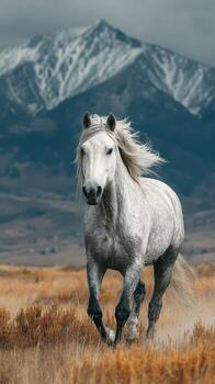 majestuoso blanco caballo Galopando mediante dorado césped campos con nevadas montañas en el antecedentes durante un nublado día foto