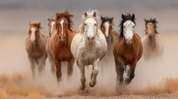Herd of wild horses galloping through dusty landscape at sunset in an open field in nature photo