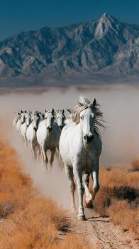 manada de blanco caballos Galopando mediante polvoriento terreno en contra un montaña fondo en un claro día foto