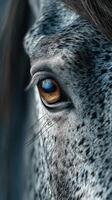Close-up of a horse's striking eye showing intricate details and textures in late afternoon light photo