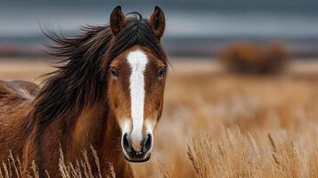 Horse stands proudly in a golden field under a dramatic sky during the late afternoon light photo