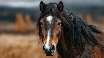 Majestic brown horse with a flowing mane in a serene field during a cloudy afternoon photo