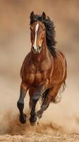 Powerful brown horse running swiftly across a dusty landscape during sunset in a serene environment photo