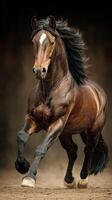 Majestic brown horse galloping with powerful stride in soft sand during a golden sunset photo