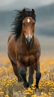 Beautiful brown horse running through wildflowers in an open field during a calm afternoon photo