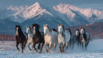 Herd of wild horses galloping across snowy plains with mountains in the background during golden hour photo