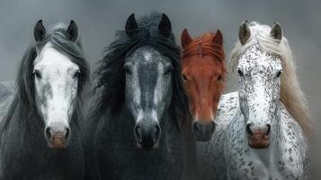 Four horses of different colors standing together in a misty landscape during early morning light photo