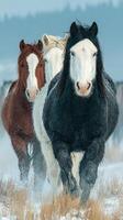 Horses galloping through snow-covered fields in winter landscape at sunset in a scenic rural area photo