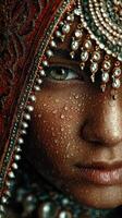 Close-up of a person with intricate jewelry and droplets on their face during a cultural event at sunset photo