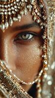 Young woman showcasing intricate makeup and detailed jewelry while partially veiled, reflecting cultural elegance and beauty photo