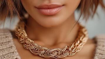 Stylish close-up of a woman showcasing a sophisticated gold chain necklace in a cozy indoor setting photo