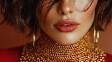 Close-up on model with bold makeup and intricate jewelry, showcasing vibrant beauty and fashion in a creative studio setting photo