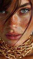 Close-up of a model with freckled skin adorned in golden jewelry showcasing natural beauty and striking features photo