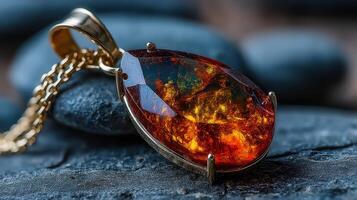 Intricate amber pendant displayed on dark pebbles with soft lighting highlighting its warm hues photo