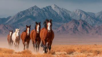 Majestic wild horses roam the desert landscape against a backdrop of rugged mountains at sunset photo