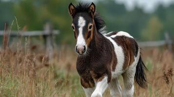Playful foal exploring the meadow under soft overcast skies in early autumn photo