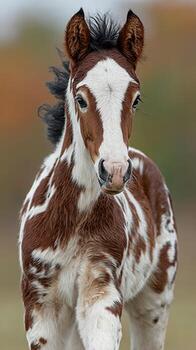 marrón y blanco potro corriendo en un herboso campo a puesta de sol en otoño foto