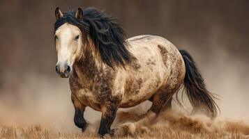 Majestic horse galloping through dusty landscape during golden hour light photo