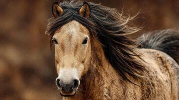 Majestic horse with flowing mane captured in a natural setting during a sunny afternoon photo