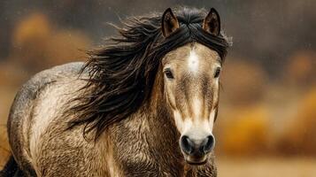 Majestic horse galloping across a field under a moody sky during late afternoon light photo