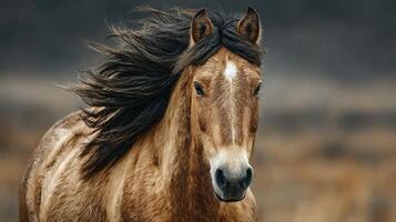 Majestic horse with flowing mane stands confidently in a scenic open field during a serene afternoon photo