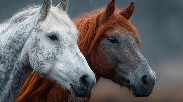 Close up of a white horse and a brown horse showing friendship in a serene countryside during a gentle rain shower photo