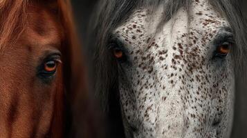 Two horses with striking eyes captured in close view showcasing unique fur patterns and expressions photo