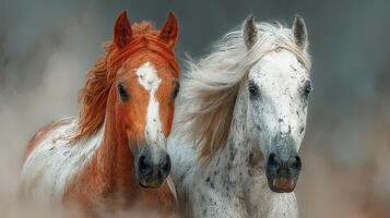 Wild horses running together in a misty landscape during the early morning light photo