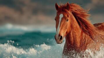 Wild horse runs through ocean waves at sunset along a picturesque shoreline, creating a stunning and dynamic moment of nature's beauty photo