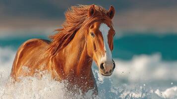 Brown horse galloping through ocean waves on a sunny day at the beach photo