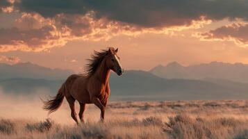 Majestic horse gallops across wild landscape at sunset in the mountains photo