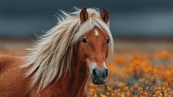 Golden mane horse in a vibrant flower field under a cloudy sky during late afternoon photo