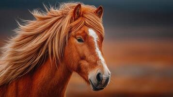 Majestic horse with flowing mane stands against a blurred background at sunset in a serene landscape photo