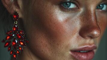 Close-up of a woman with striking blue eyes showcasing elegant red earrings in soft lighting photo