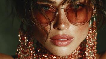 Woman with striking makeup and stylish sunglasses poses elegantly, showcasing vibrant accessories in a close-up shot photo