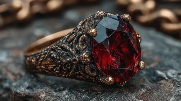 Garnet ring with intricate design showcased on textured surface in dim light with warm tones photo